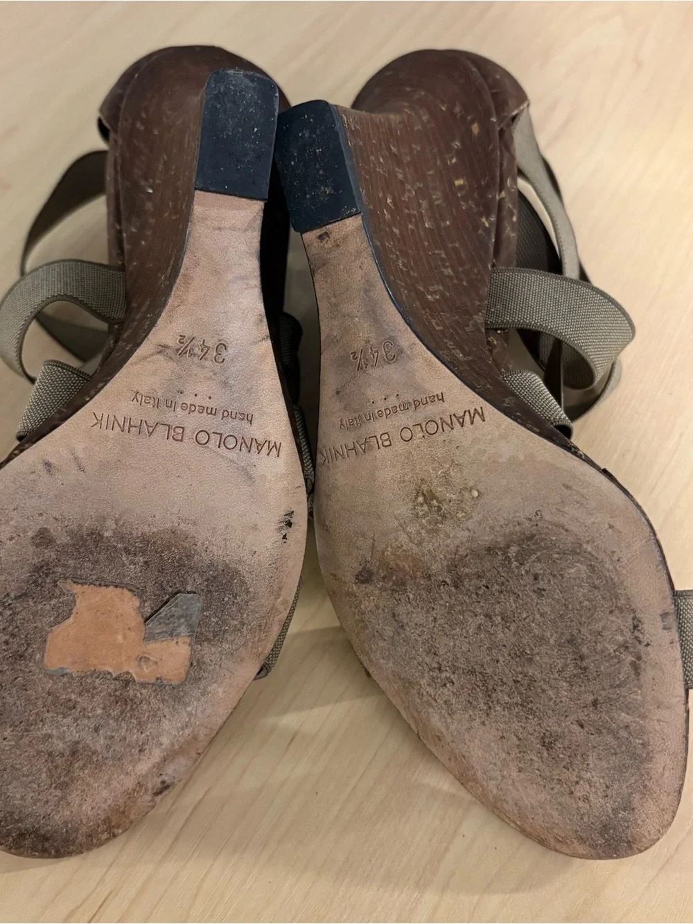 Manolo Blahnik Taupe Elastic Strappy Cork Wedge Heels